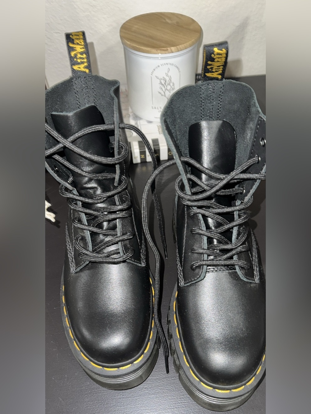 Dr. Martens Women's Black Lace-Up Platform Boots with Yellow Stitching